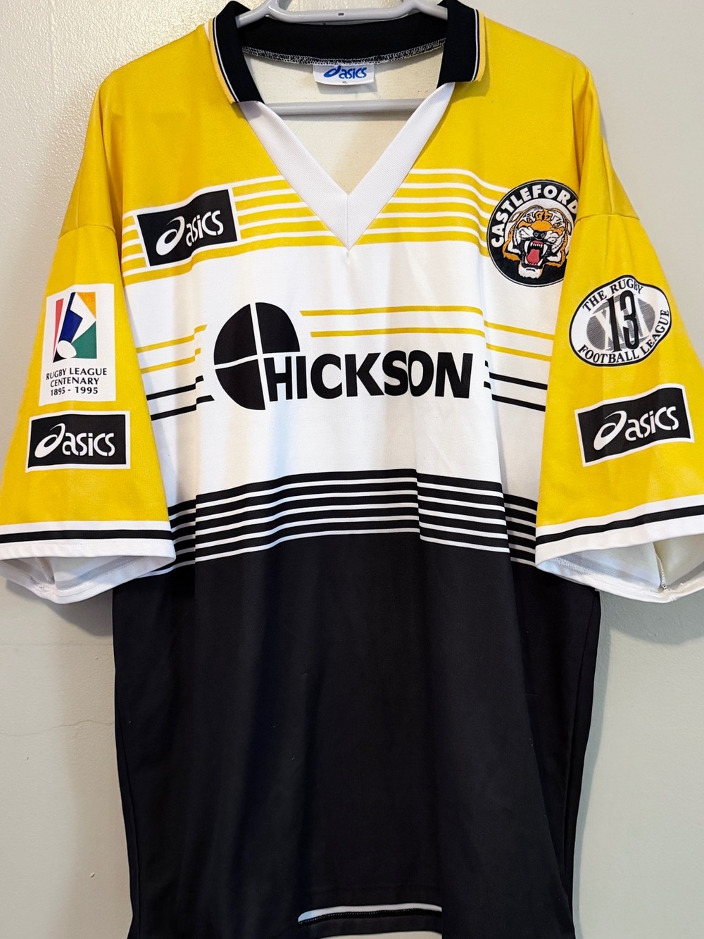 Vintage 90s XL Asics Yellow Black White Castleford Tigers Rugby Shirt
